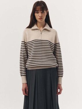 Dunst striped Quarter Zip pullover sweater cream and black size small wool blend